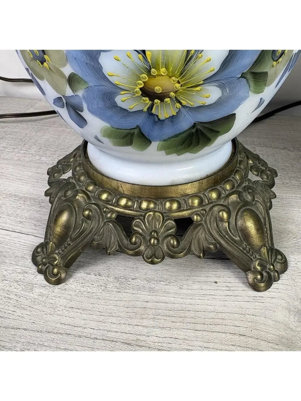 Vintage Pair of Blue Floral Milk Glass Table Lamps